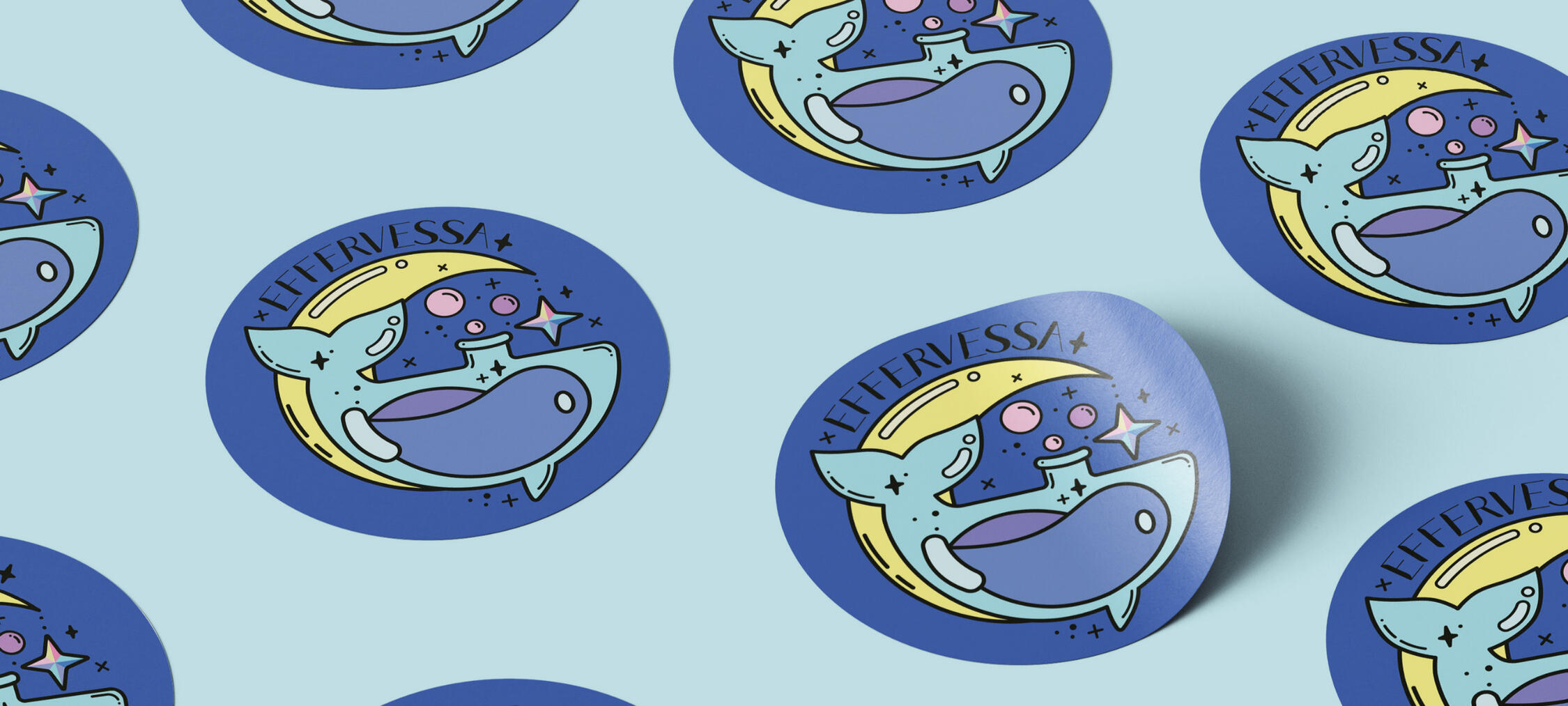 Brand stickers that state "Effervess" with a logo of a whale potion bottle against a crescent moon, a star descends from the upper tip of the moon.